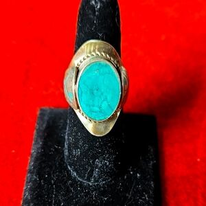Tibetan Turquoise Ring in white metal.